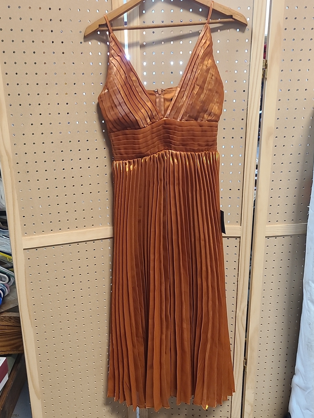 Lulu's Copper Pleated V-Neck Spaghetti Strap Midi Dress